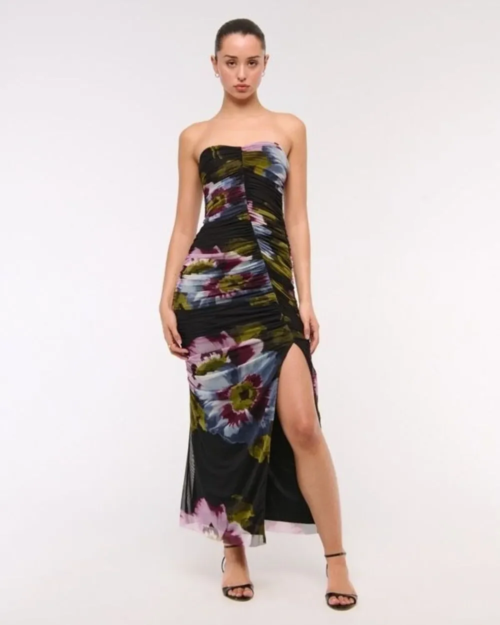 Abercrombie & Fitch Mesh Strapless Ruched Maxi Dress Black Floral Size M